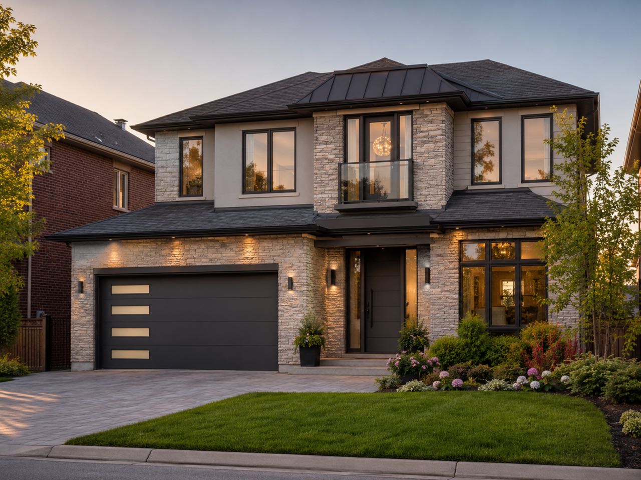 A Toronto home lit up at dusk