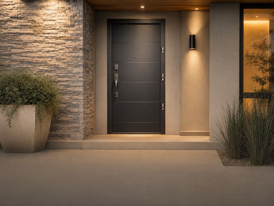 A reinforced front door lit at dusk
