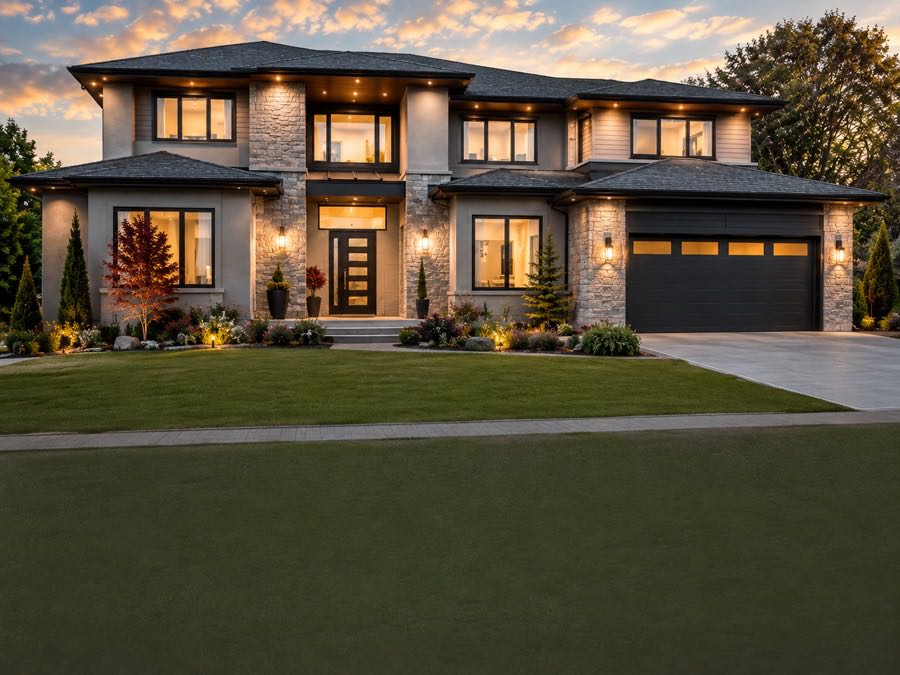 A two-storey home lit up at dusk