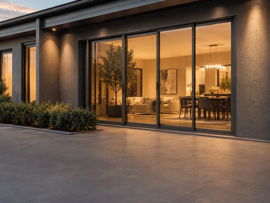 A wall of sliding glass doors lit from inside at dusk