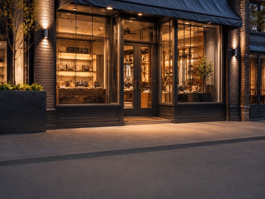 A lit shopfront with display windows at night